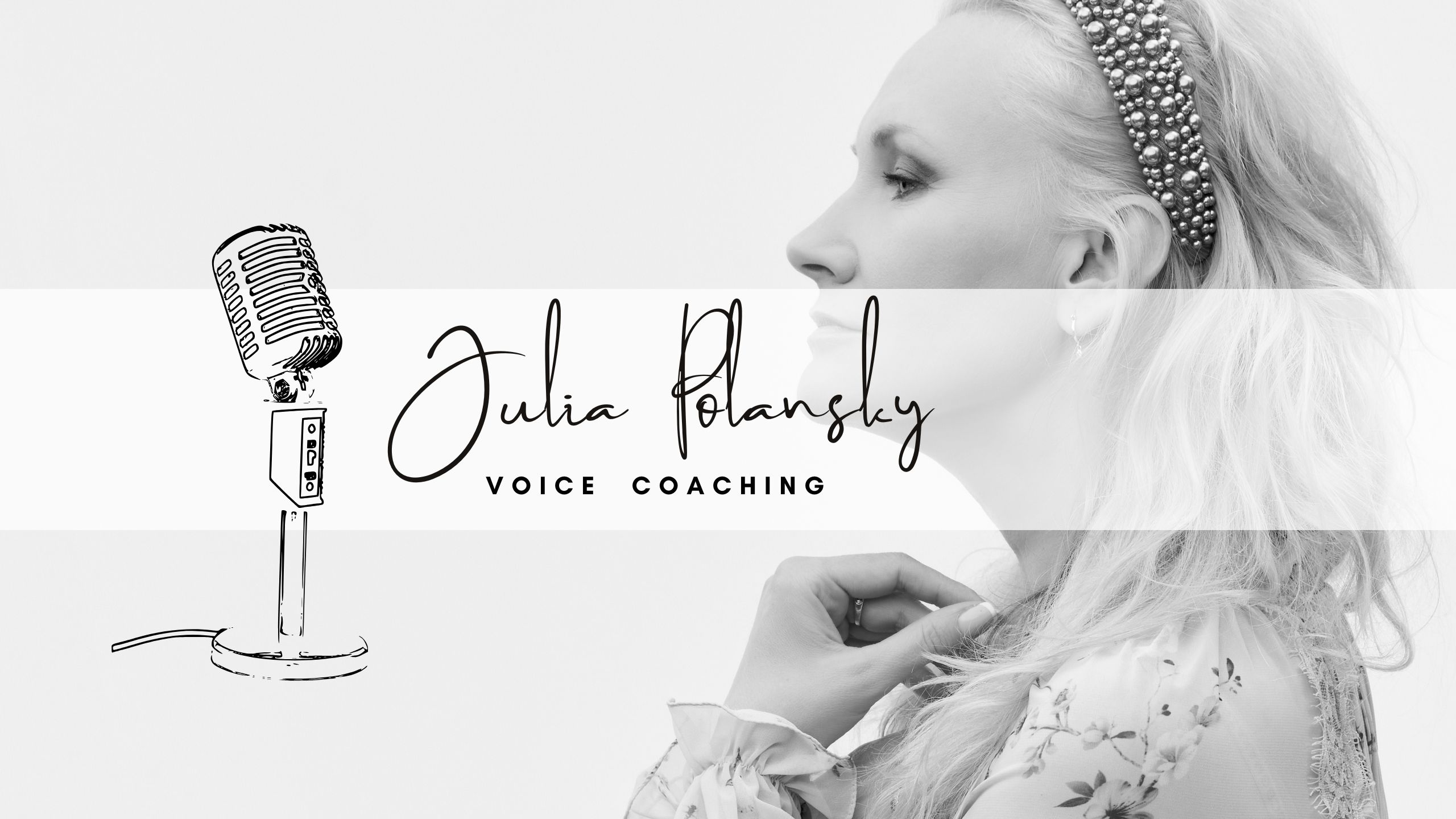 Julia Polansky Voice Coaching — handwritten signature logo beside a vintage microphone illustration and a monochrome portrait of the vocal coach