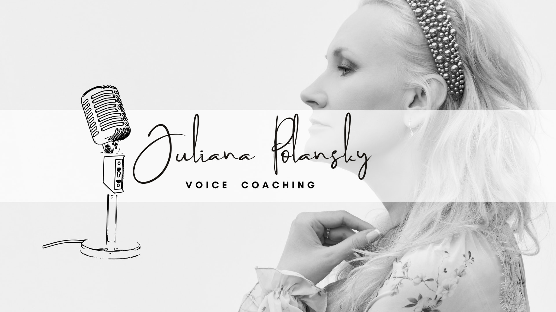 Julia Polansky Voice Coaching — handwritten signature logo beside a vintage microphone illustration and a monochrome portrait of the vocal coach
